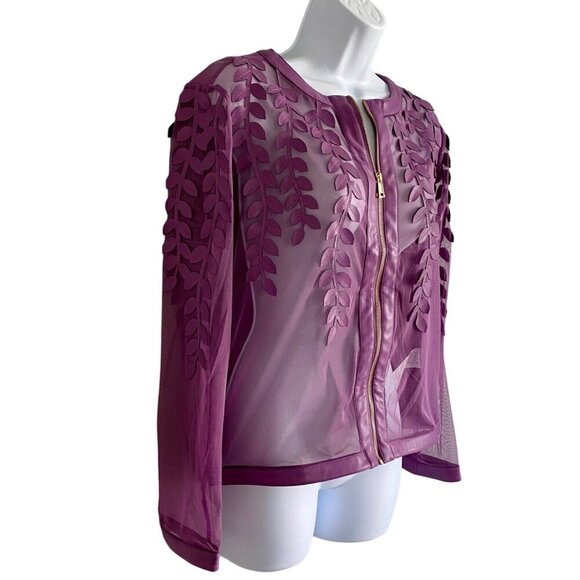 Colleen Lopez Purple Mesh Jacket Leaf Pattern and Faux Leather Women's XS NEW - Picture 4 of 13